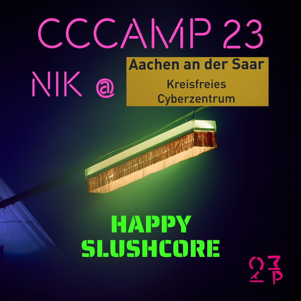 Cover image of my Camp 23 DJ set from Aachen an der Saar. At the top: Title with the "Aachen an der Saar" city sign, in the middle a photo of one of the lights from along the main paths at the camp, shining through some mist. At the bottom: Title of the Mix "Happy Slushcore".