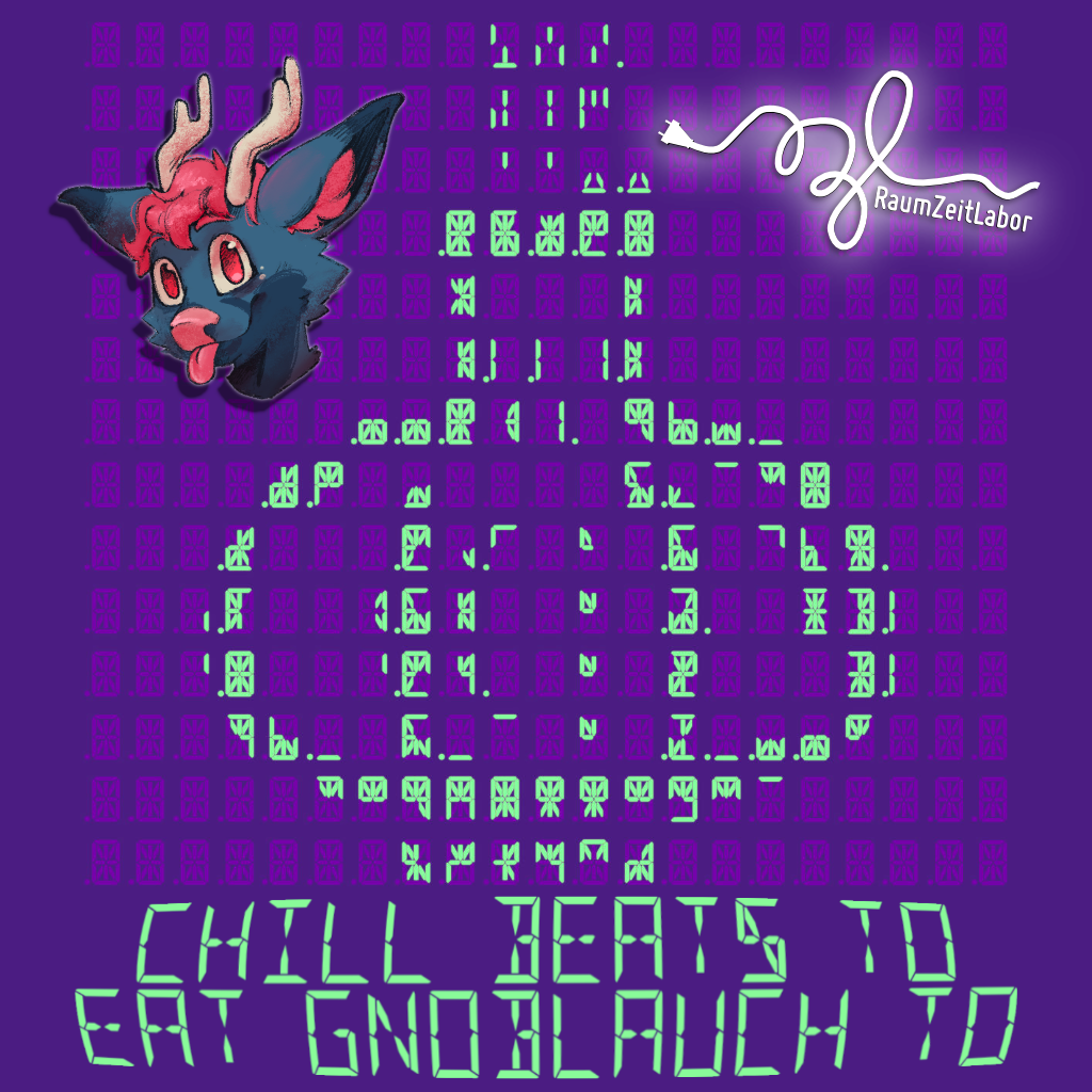 Cover of the GnoPN 24 set. It's this years GnoPN illustration in the background (garlic in the segment display style of GPN with a purple background), but with my Sona and the RaumZeitLabor logo decorating each side on the top and the text "Chill beats to eat Gnoblauch to" on the bottom.