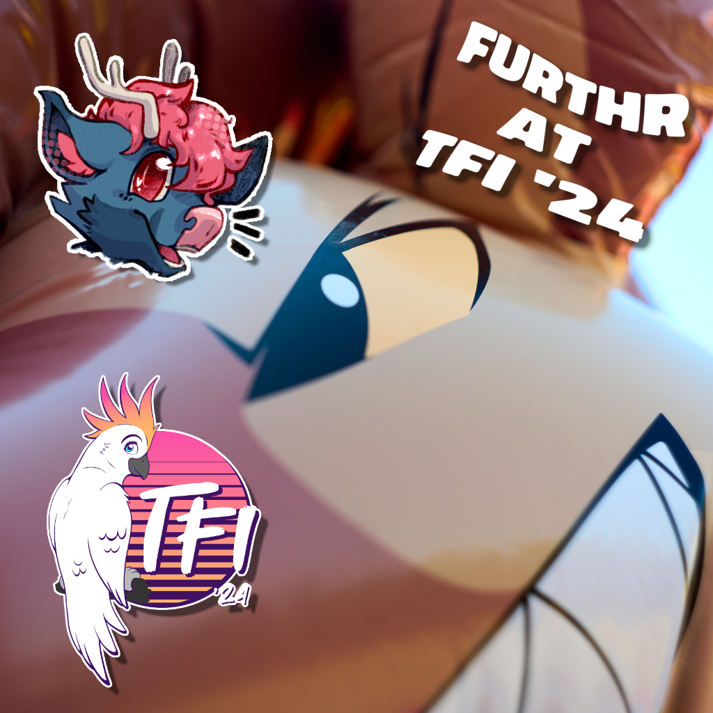 A close-up photo of a pooltoy hyena with the sky in the background. The logo of the event is in one of the corners (a parrot with a typical stylized 80s sunset in the background and the text "TFI 24"), another one is occupied by artwork of my sona, and the top right corner has the text "Furthr at TFI 24"